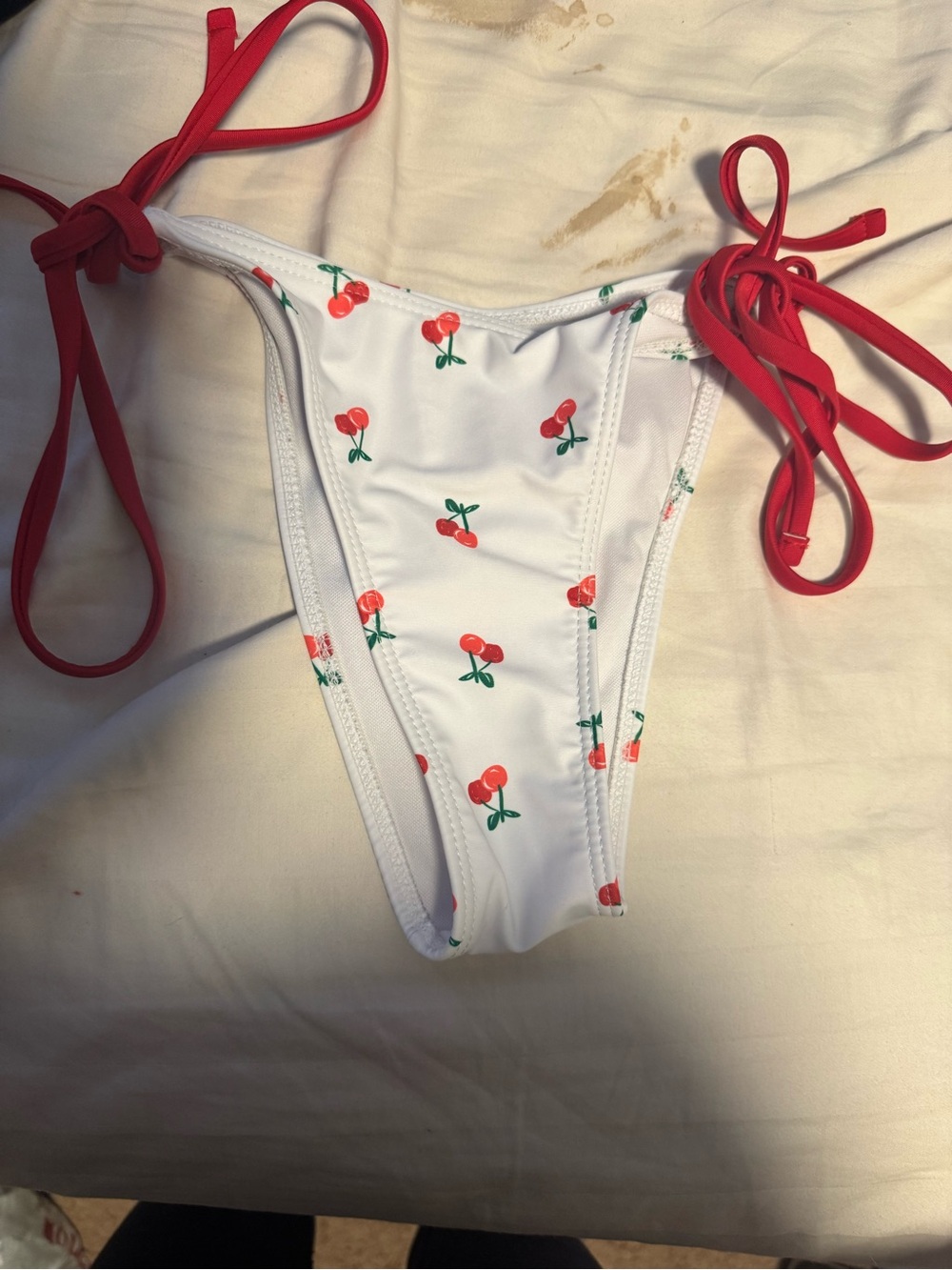 SHEIN White Cherry Print Tie-Side Bikini Bottoms with Red Straps